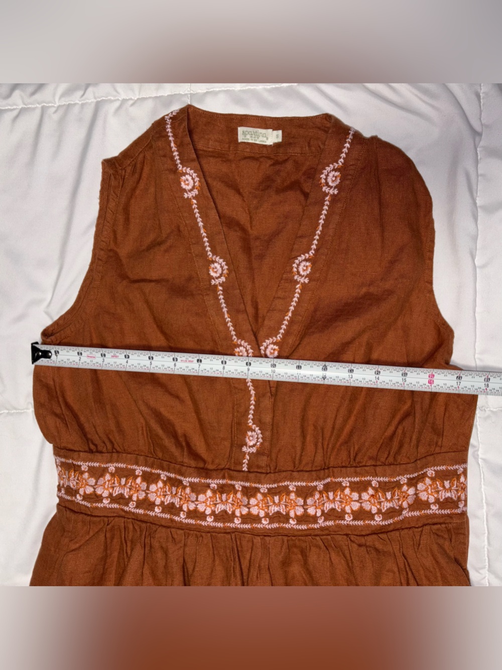 Spartina 449 Jennifer Midi Mocha Dress 100% Linen Embroidered Floral - Picture 6 of 9